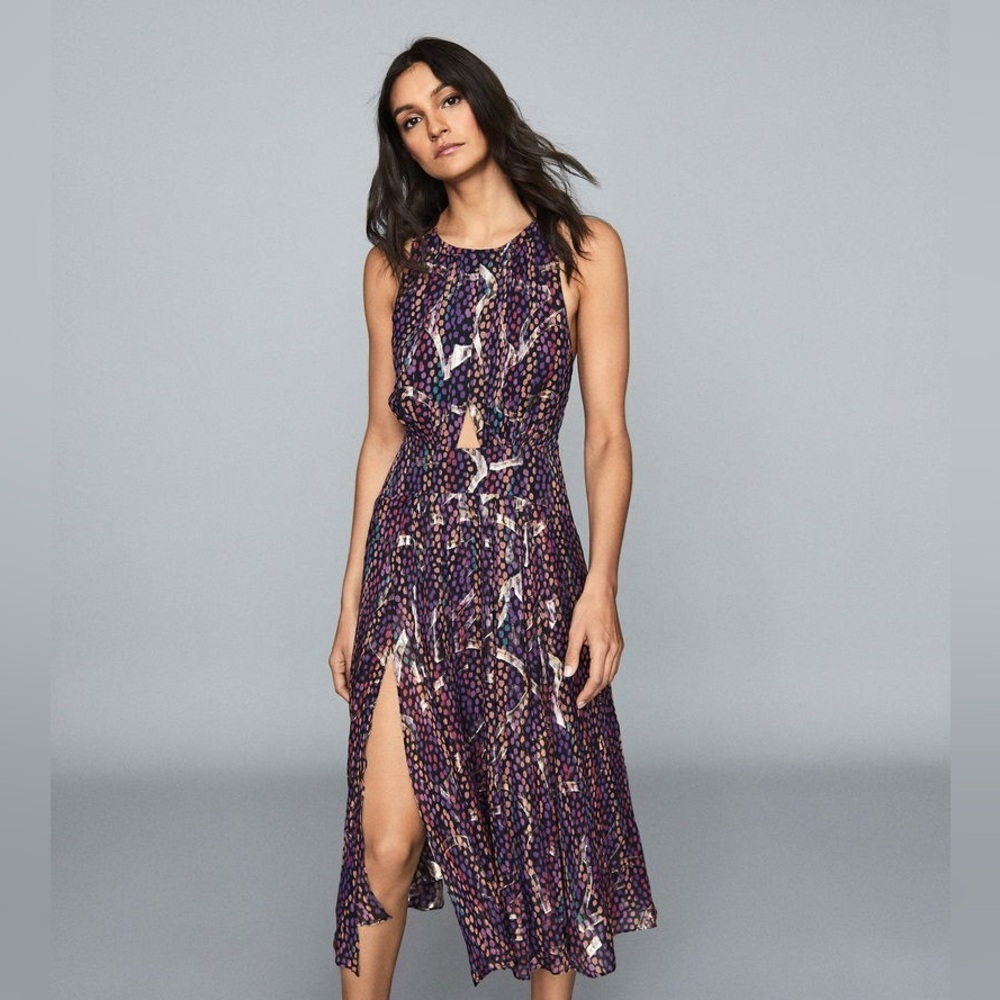 Reiss Tammy Lamé Printed Chiffon Dress